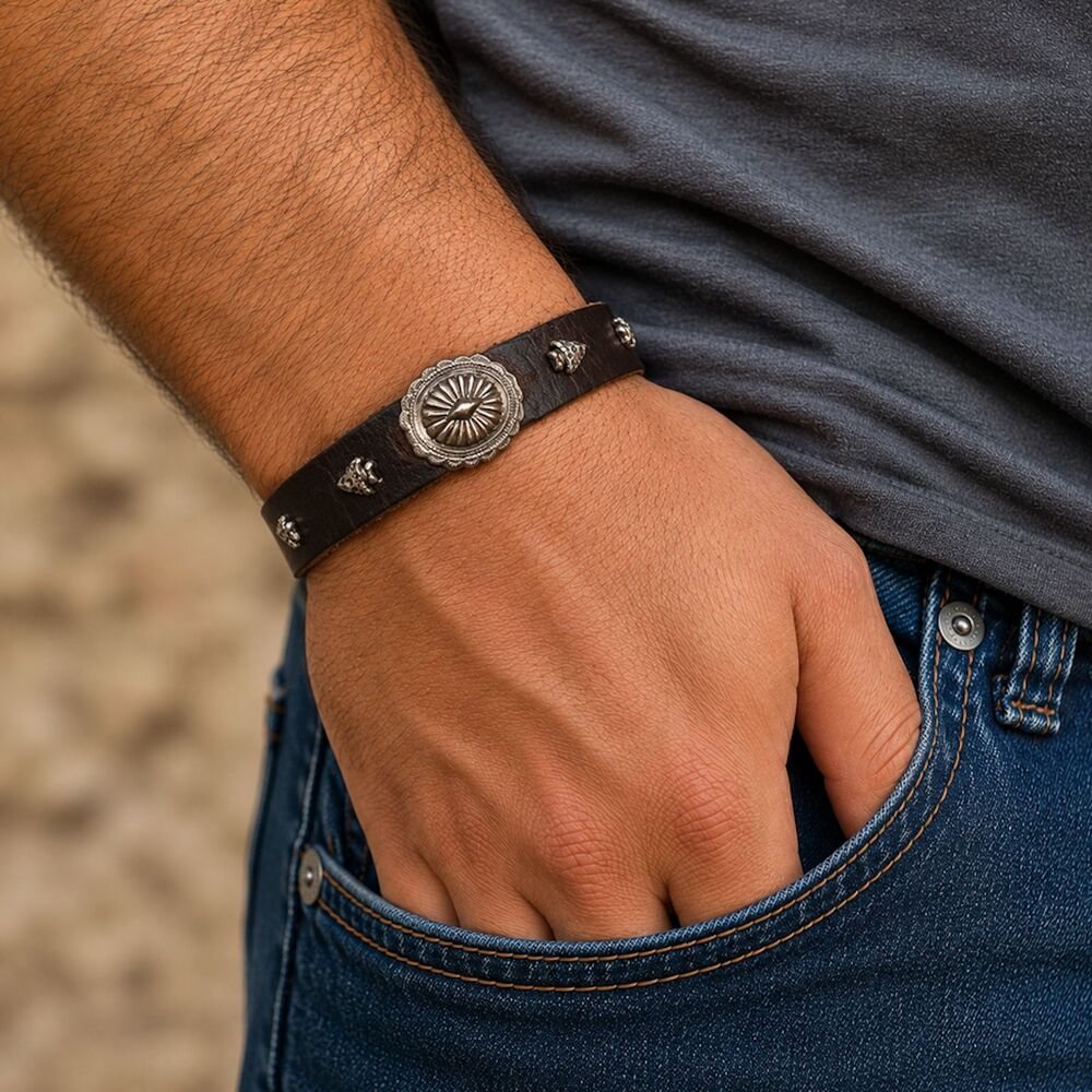 Mens Brown Leather Wristband Bracelet Concho/Arrowheads Magnetic Clasp Western